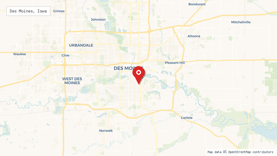 Street map of Des Moines, Iowa with location pin