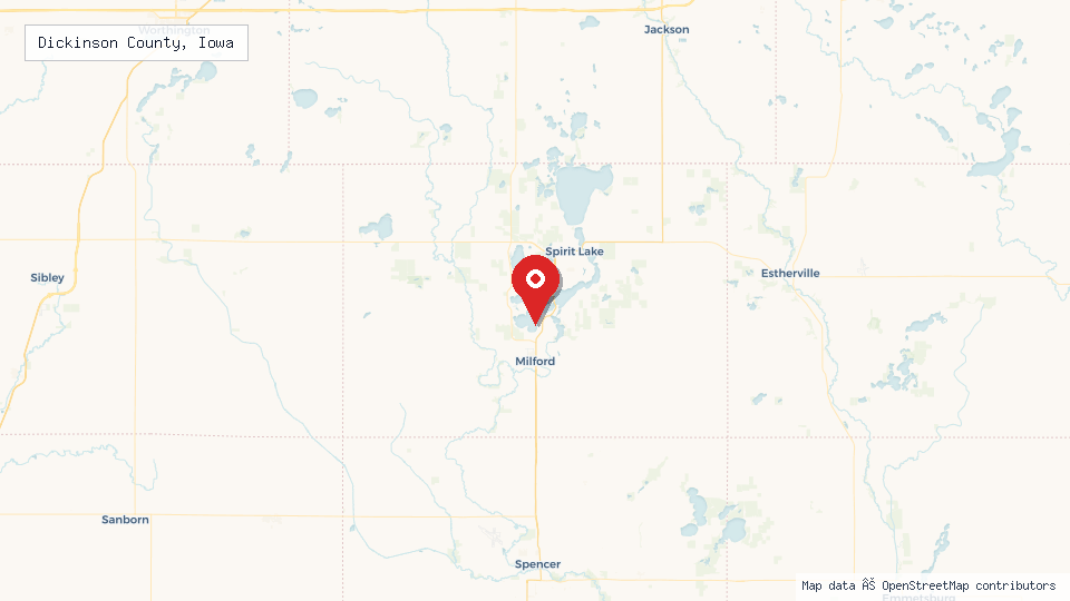 Street map of Dickinson County, Iowa with location pin