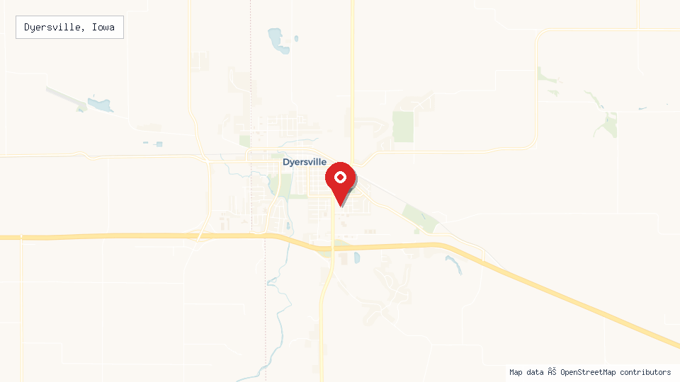 Street map of Dyersville, Iowa with location pin