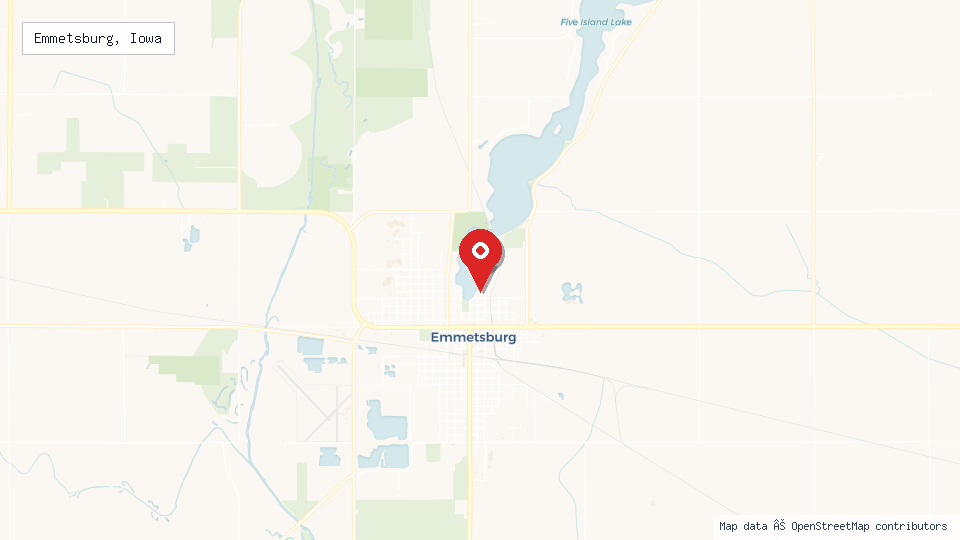Street map of Emmetsburg, Iowa with location pin