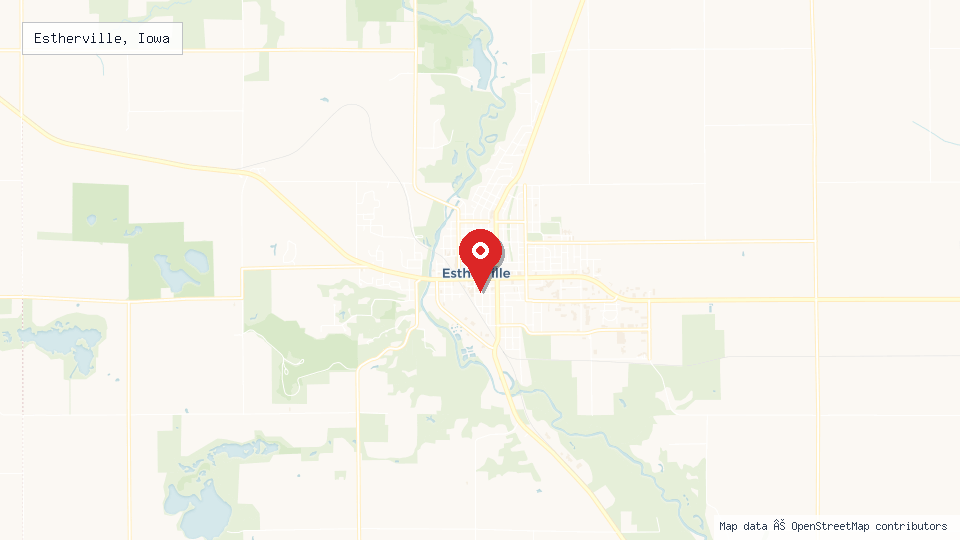 Street map of Estherville, Iowa with location pin