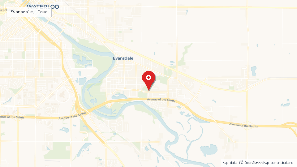 Street map of Evansdale, Iowa with location pin