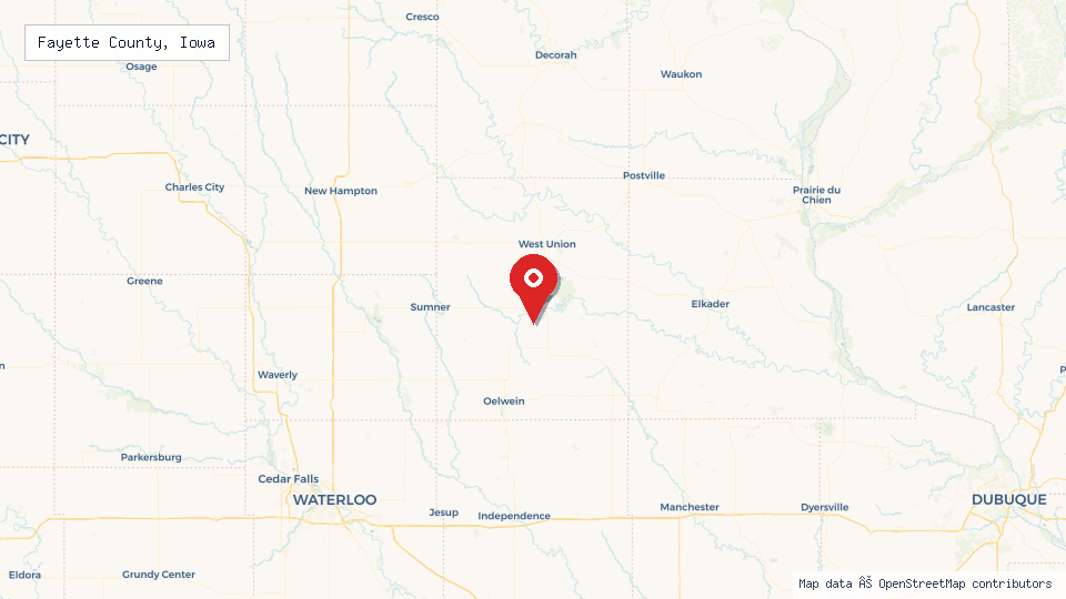 Street map of Fayette County, Iowa with location pin