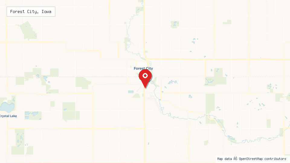 Street map of Forest City, Iowa with location pin