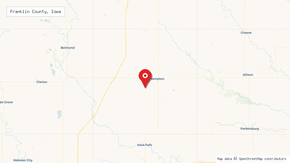 Street map of Franklin County, Iowa with location pin