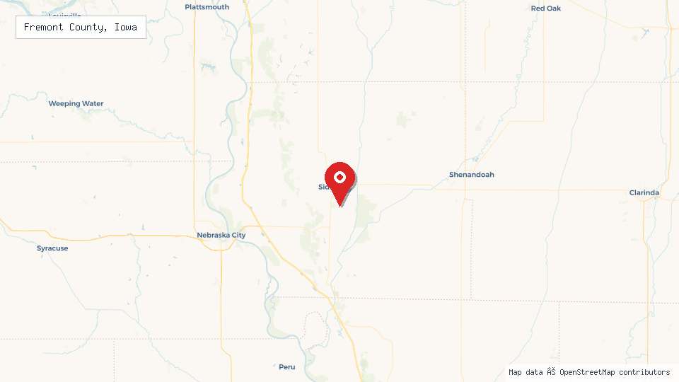 Street map of Fremont County, Iowa with location pin