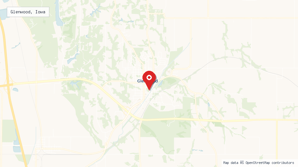 Street map of Glenwood, Iowa with location pin