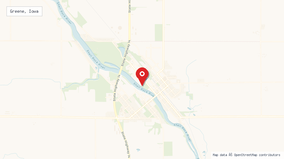 Street map of Greene, Iowa with location pin