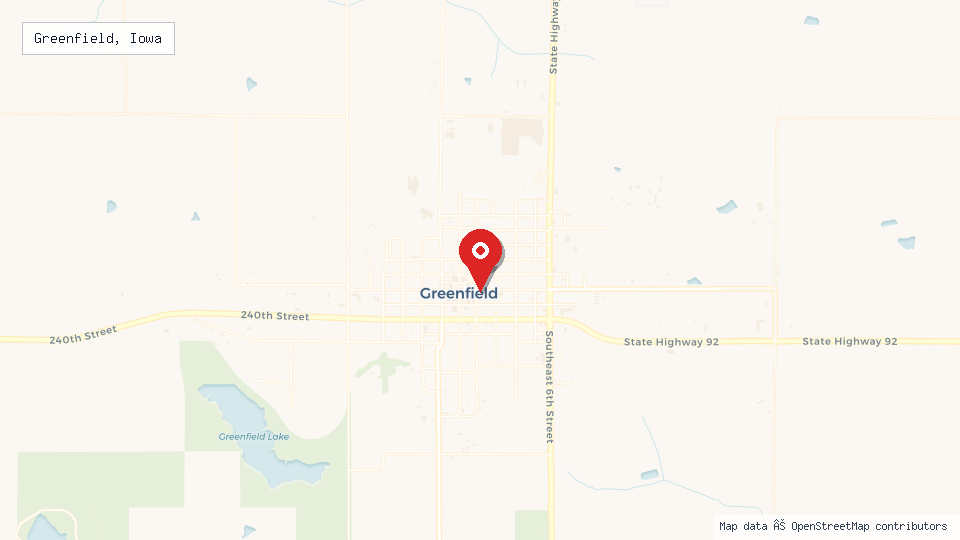 Street map of Greenfield, Iowa with location pin