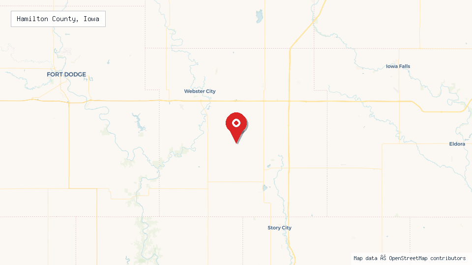 Street map of Hamilton County, Iowa with location pin