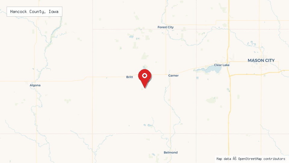 Street map of Hancock County, Iowa with location pin