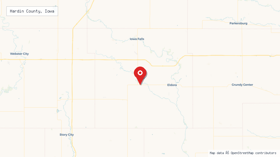 Street map of Hardin County, Iowa with location pin