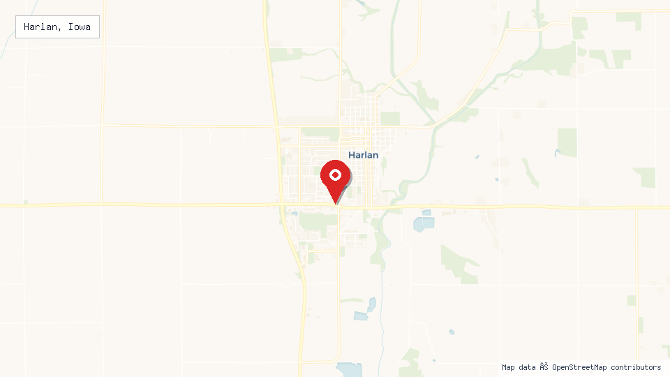 Street map of Harlan, Iowa with location pin