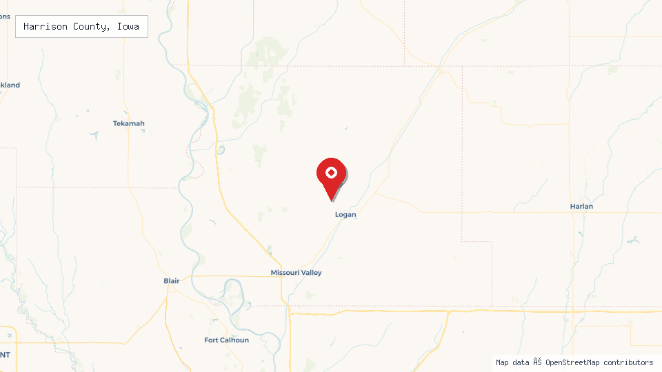 Street map of Harrison County, Iowa with location pin