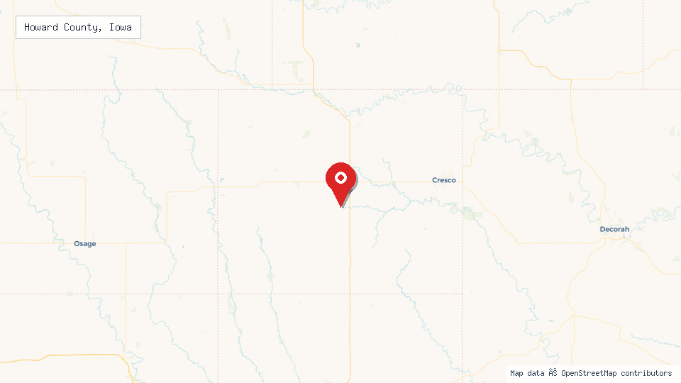 Street map of Howard County, Iowa with location pin