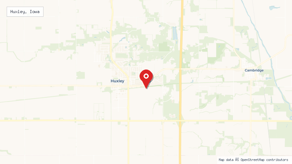 Street map of Huxley, Iowa with location pin