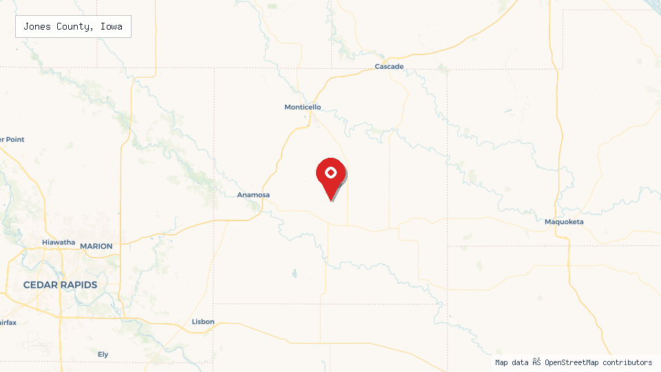 Street map of Jones County, Iowa with location pin