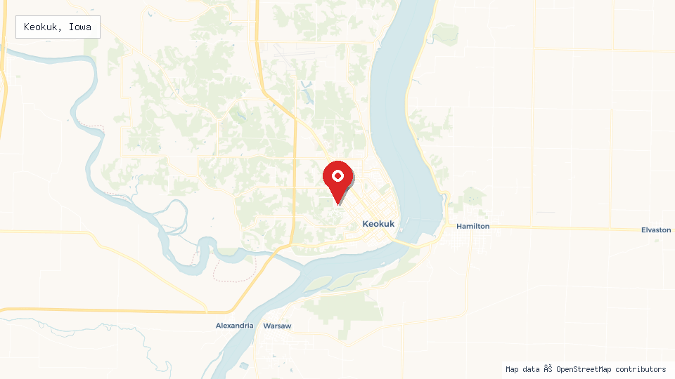 Street map of Keokuk, Iowa with location pin