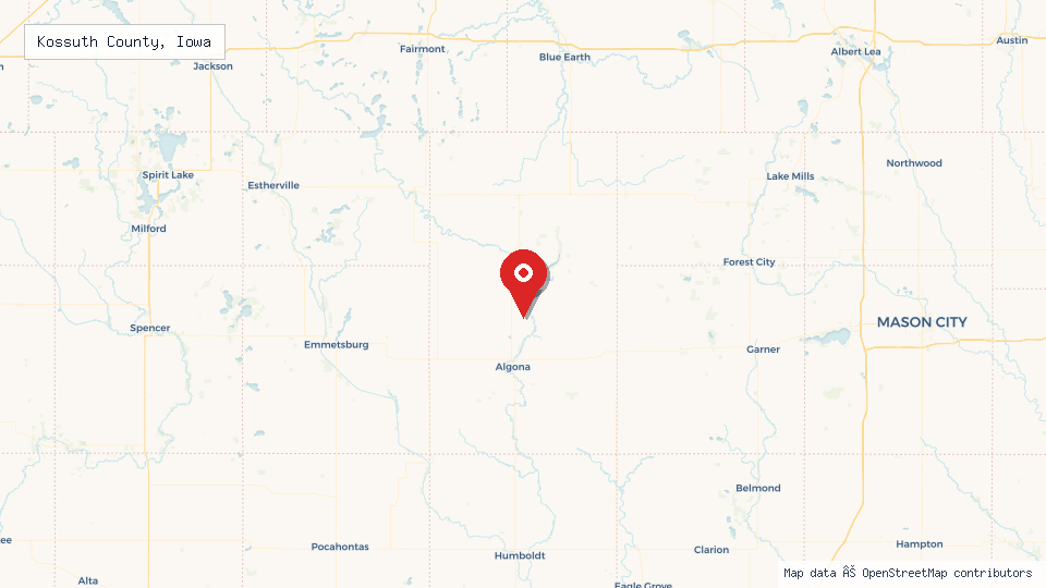 Street map of Kossuth County, Iowa with location pin
