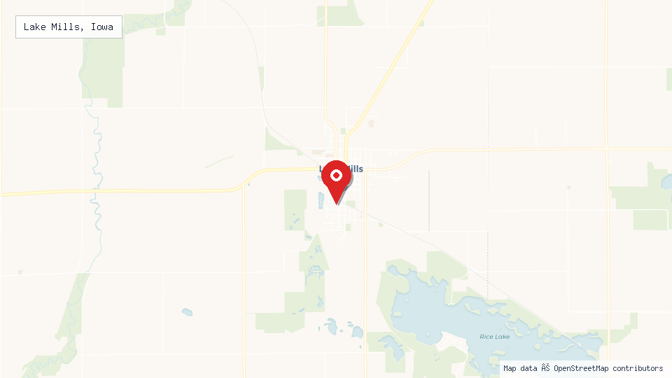 Street map of Lake Mills, Iowa with location pin