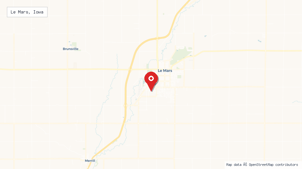 Street map of Le Mars, Iowa with location pin