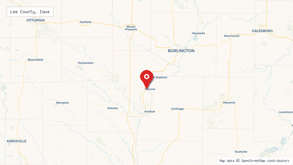 Street map of Lee County, Iowa with location pin