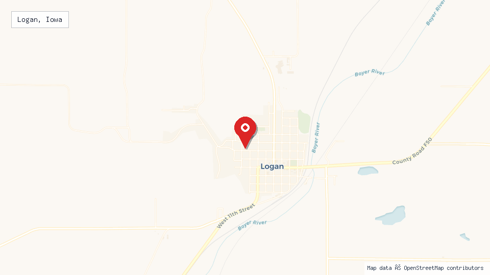 Street map of Logan, Iowa with location pin