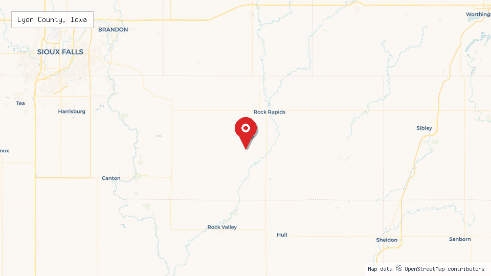 Street map of Lyon County, Iowa with location pin