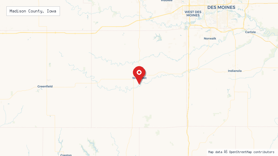 Street map of Madison County, Iowa with location pin