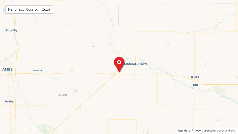 Street map of Marshall County, Iowa with location pin