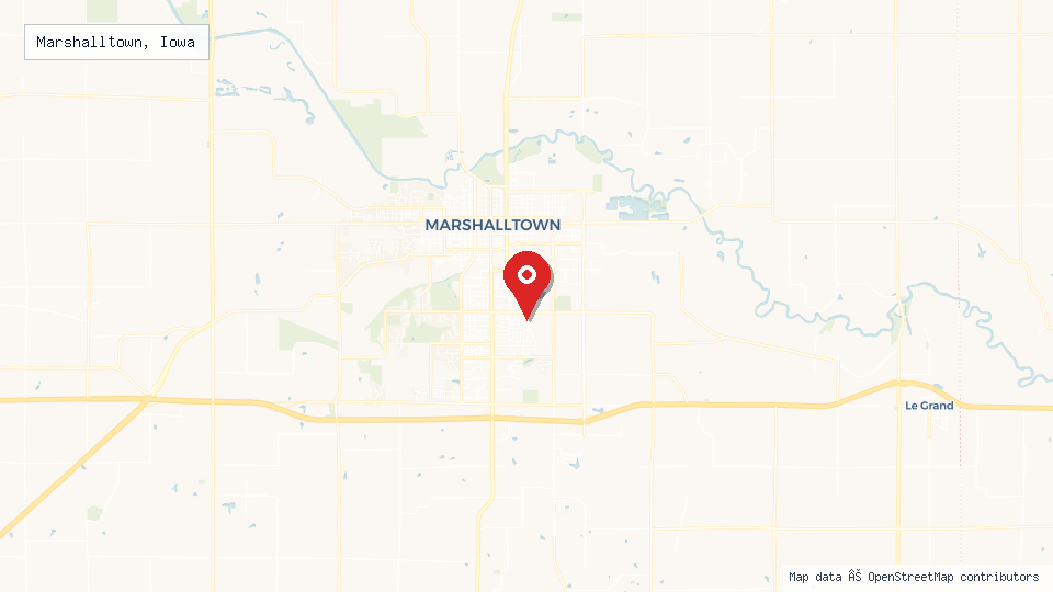 Street map of Marshalltown, Iowa with location pin