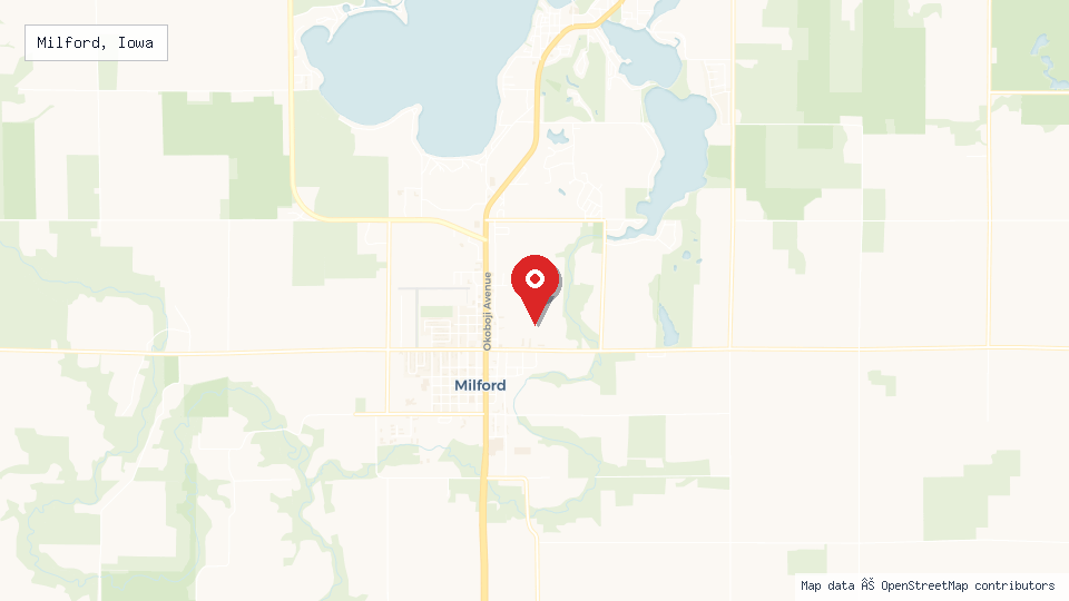Street map of Milford, Iowa with location pin