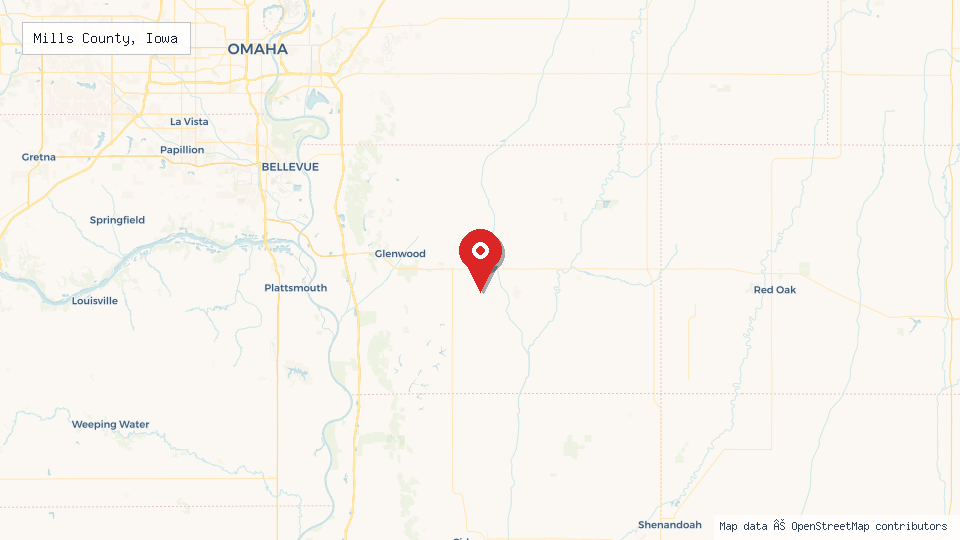 Street map of Mills County, Iowa with location pin