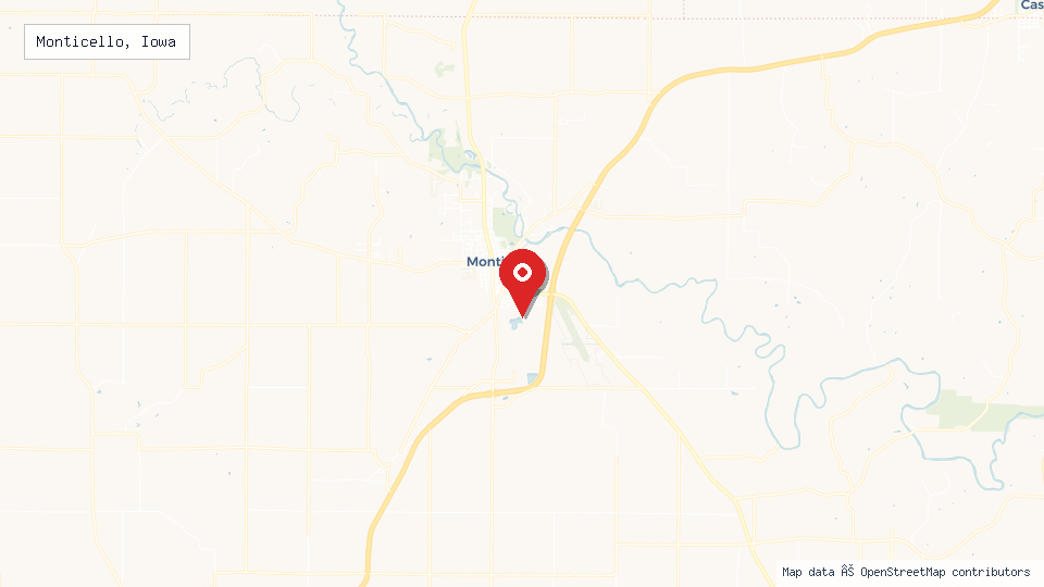 Street map of Monticello, Iowa with location pin
