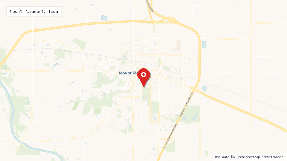 Street map of Mount Pleasant, Iowa with location pin