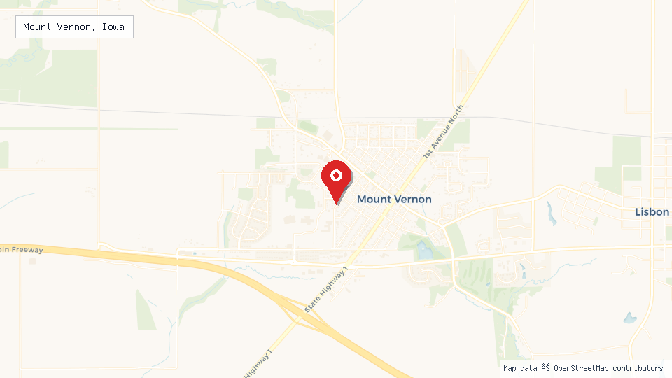 Street map of Mount Vernon, Iowa with location pin