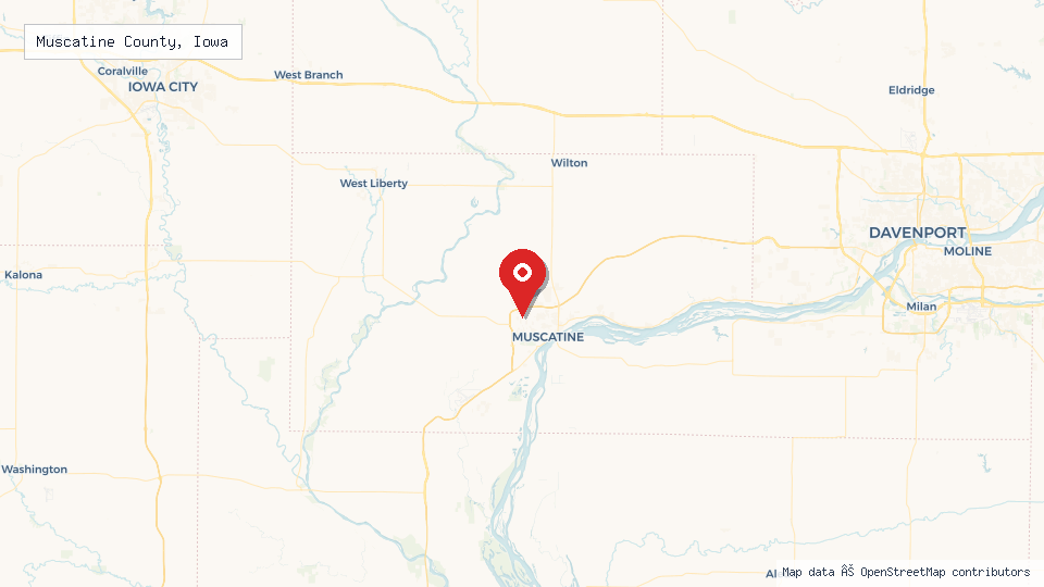 Street map of Muscatine County, Iowa with location pin