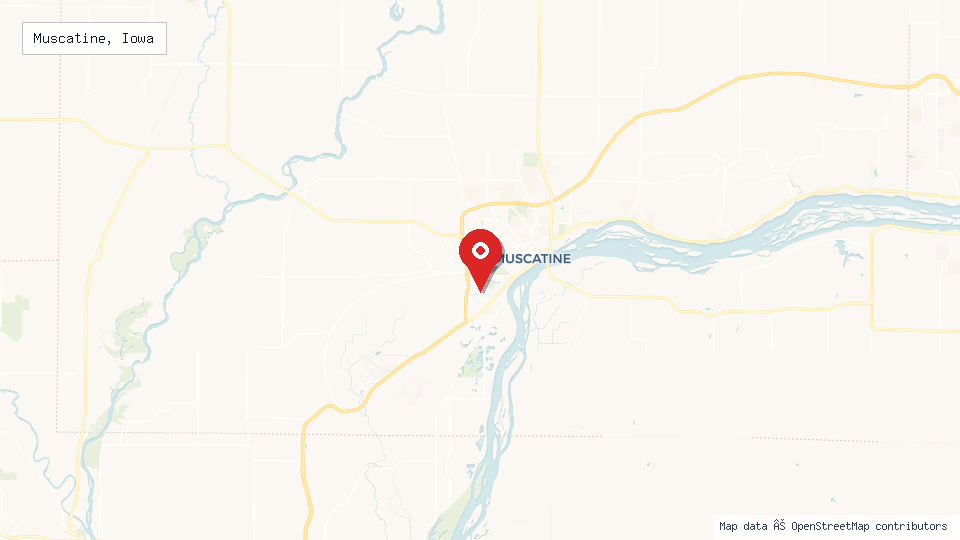 Street map of Muscatine, Iowa with location pin