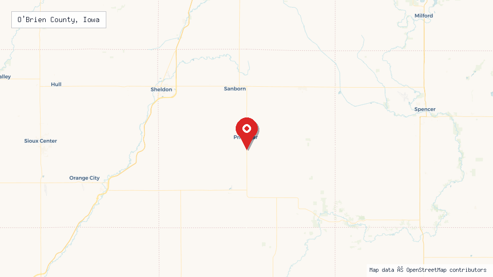 Street map of O'Brien County, Iowa with location pin