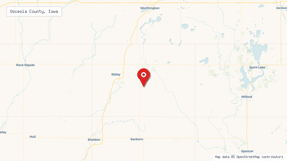 Street map of Osceola County, Iowa with location pin