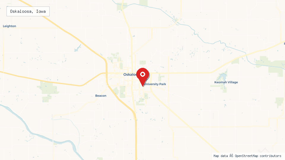 Street map of Oskaloosa, Iowa with location pin