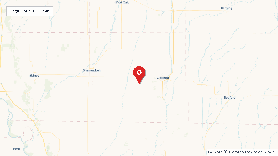 Street map of Page County, Iowa with location pin