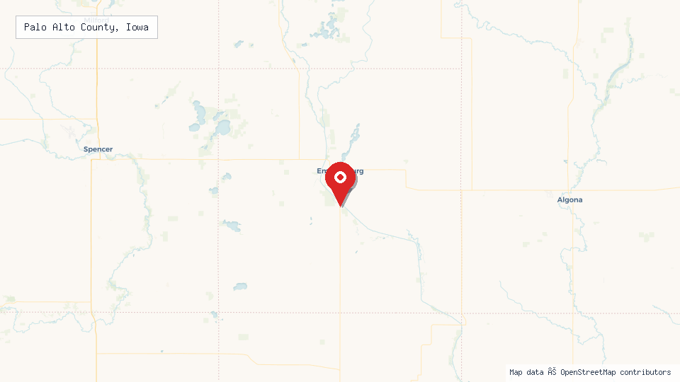 Street map of Palo Alto County, Iowa with location pin