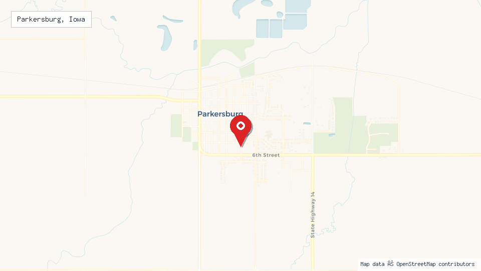 Street map of Parkersburg, Iowa with location pin