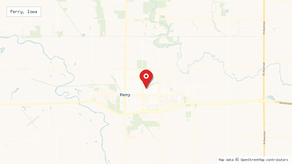 Street map of Perry, Iowa with location pin