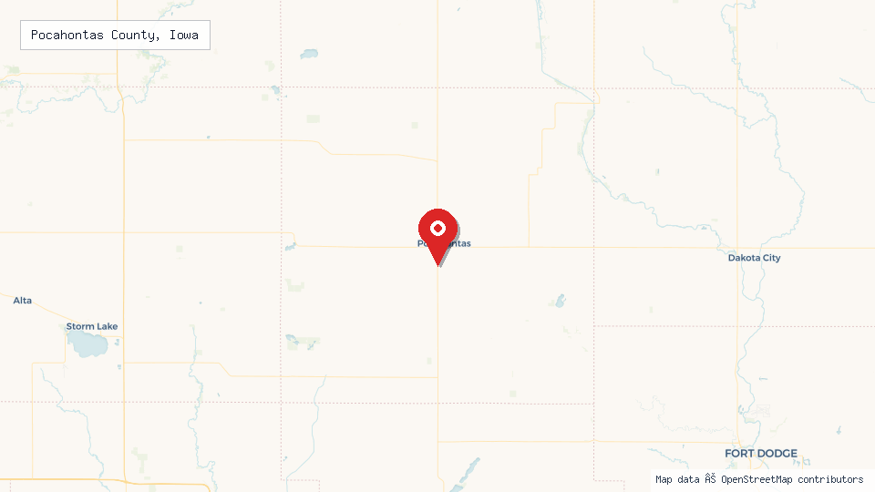 Street map of Pocahontas County, Iowa with location pin
