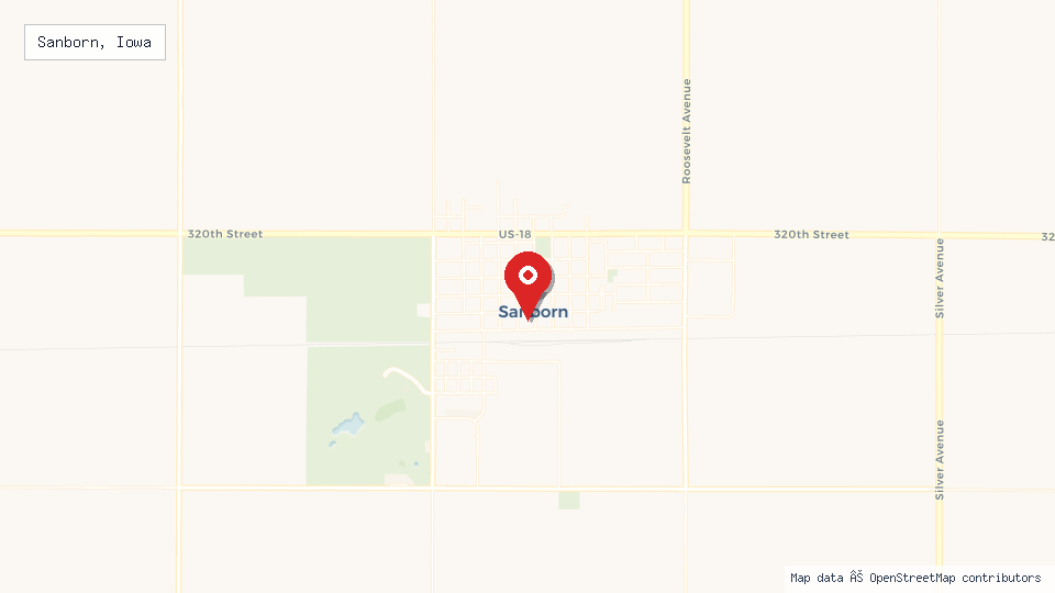 Street map of Sanborn, Iowa with location pin