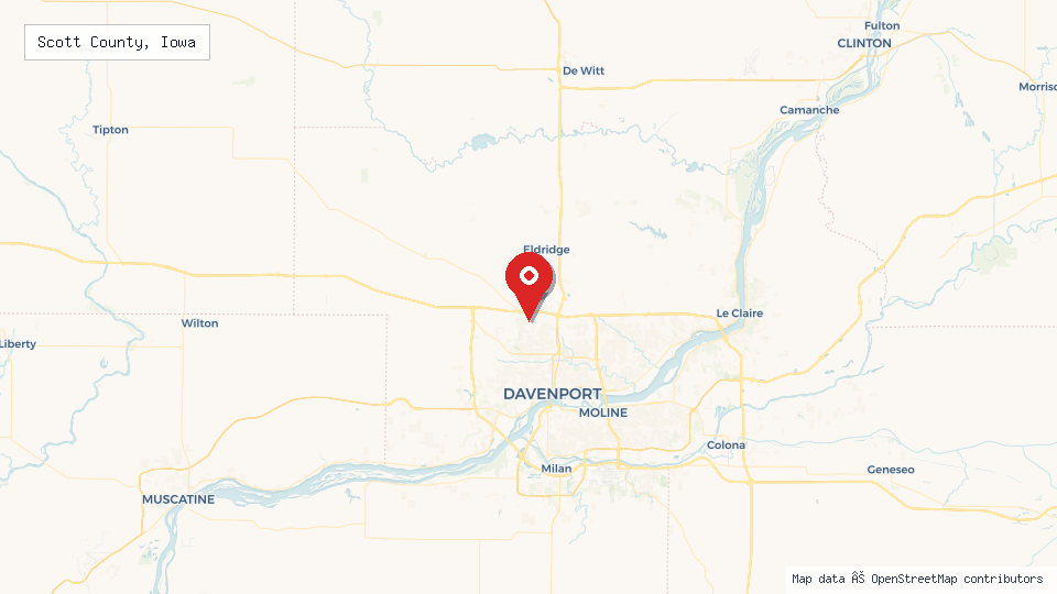 Street map of Scott County, Iowa with location pin