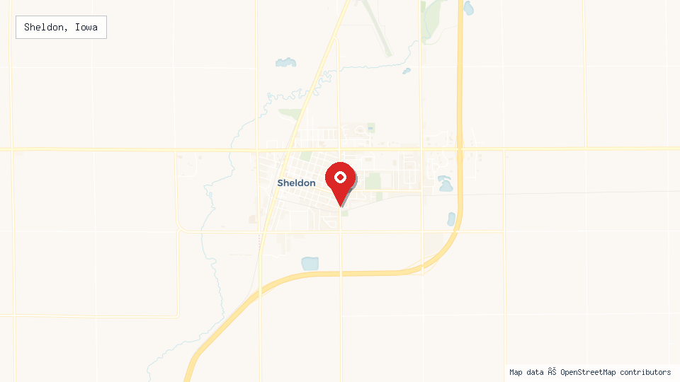 Street map of Sheldon, Iowa with location pin