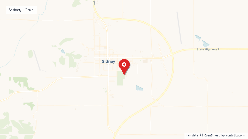 Street map of Sidney, Iowa with location pin